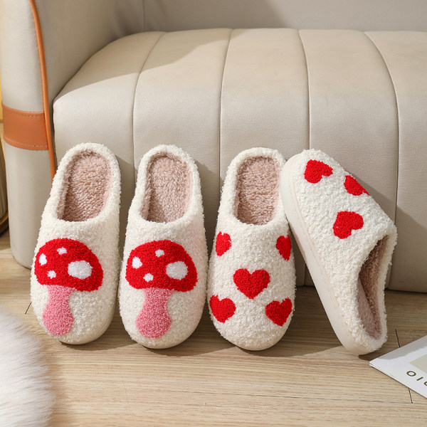 Sopp tøfler kvinners fluffy retro myk plysj hjemmesko fluffy slip-on komfortable innendørs utendørs tøfler 24,5 cm