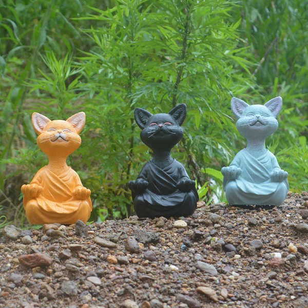 Sett med 3 mediterende kattestatue（12,5*5,5*8 cm） - Happy Cat formet B