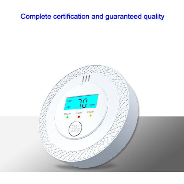 Kuliltealarm, batterifri digital CO-alarm med baggrundsbelyst LCD-skærm og LED-indikatorer til hjemmet, køkkenet, badeværelset, lageret