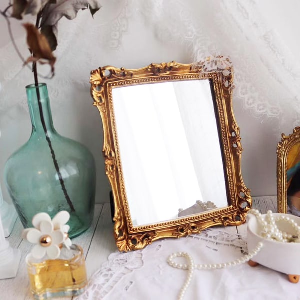 Vintage dekorativ spegel 24 x 30 cm, fyrkantig antik guld väggmonterad bordssminkspegel