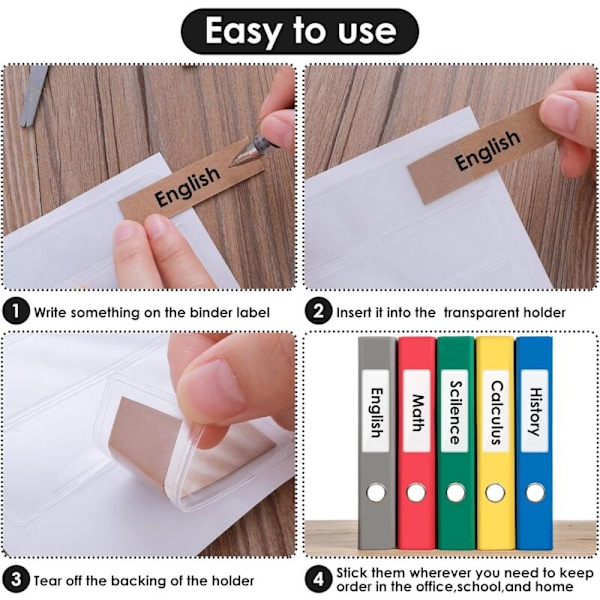 Sæt med 120 transparente labelholdere, 2,5 x 7,6 cm fyldetiketter, transparente klæbelommer med åbning foroven til opbevaringskasser, notesbøger, æsker
