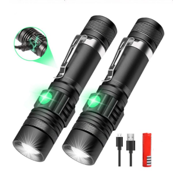 2 LED-lommelygter genopladelige, lommelygte super lys USB genopladelig lommelygte, skalerbar, vandtæt, camping og vandreture lille lommelygte