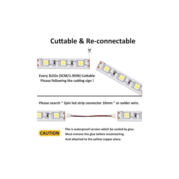 12V Kallvit LED-remsa 6500K, 5m Flexibel 300 LEDs 5050 SMD IP65 Vattentät LED-strip