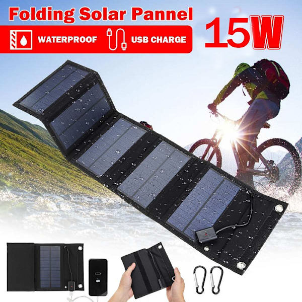 5V 15W USB Solcellelader Bærbar Solcelle Vandtæt Solbatteri Oplader Solpanel USB Powerbank med 5 Solpaneler d