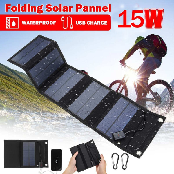 5V 15W USB Solcellelader Bærbar Solcelle Vanntett Solbatteriladere Solpanel USB Powerbank med 5 Solpaneler d