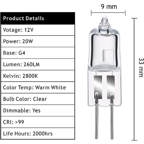 G4 Halogenlampor, G4 Halogen stiftbaslampa 12V 20W, 2800K Dimbar Varmvit G4 Klar Kapsellampa 10-pack [Energiklass C]