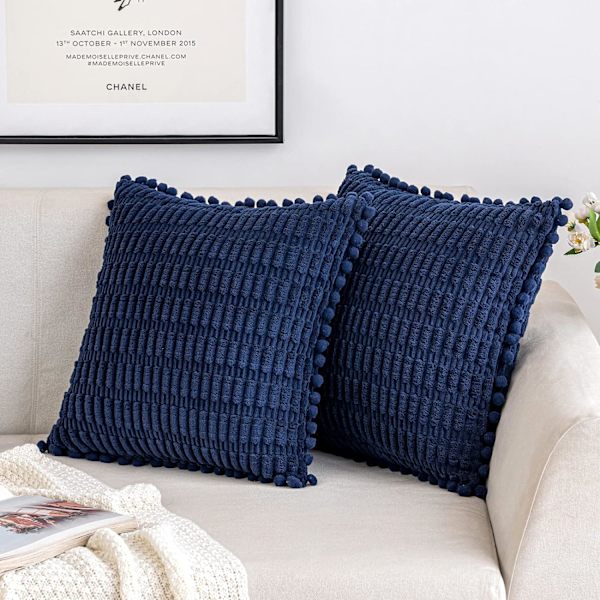 Marineblå kordfløyel dekorativ putetrekk Myk bohemsk stripete putetrekk for sofa Stue Sofa Seng 18x18 tommer