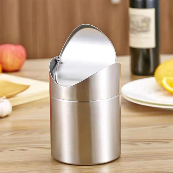 Silver , Stainless Steel Mini Trash Can with Convenient Swing Lid for Office Table Car Bedroom