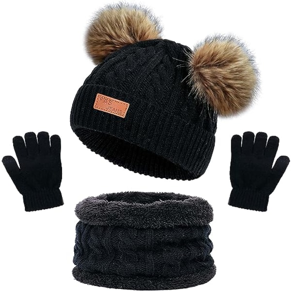 Børne Vinter Varm Hue Hat Halstørklæde Handsker Sæt sort Termisk Strik Hæklet Tyk Fluffy Toddler Halstørklæde Dobbelt Pom Pom Bobble Hat med Kunstpels til Piger