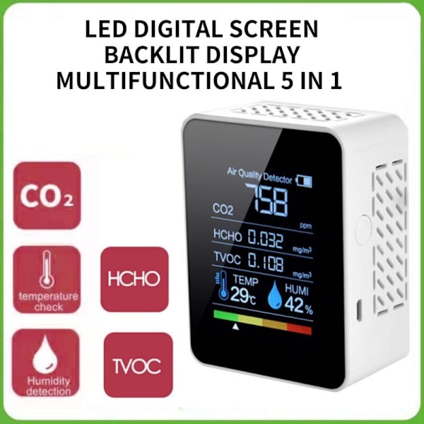 Koldioxid 5 i 1 Koldioxid Koldioxid Inomhusluftkvalitet CO2 HCHO Digital TVOC Temperatur- och luftfuktighetsövervakningstestare Retro Slipping (