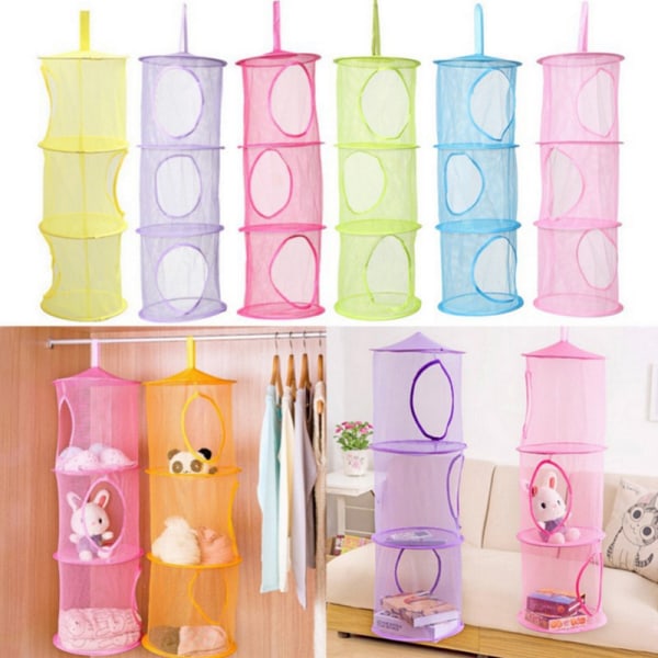 3-lags Teddy oppbevaringspose i mesh, 3 stk sammenleggbar plassbesparende oppbevaringskurv for leker til barnerom, bad, balkong (rosa, rosa, lilla)