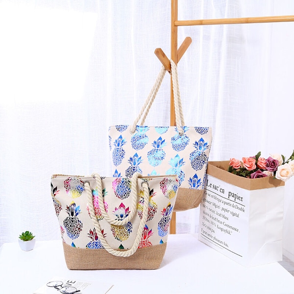 Tropiske Tote tasker Multicolor Ananas Rejsetasker Indkøbsposer Fashionable Strandtasker med Burlap Bund