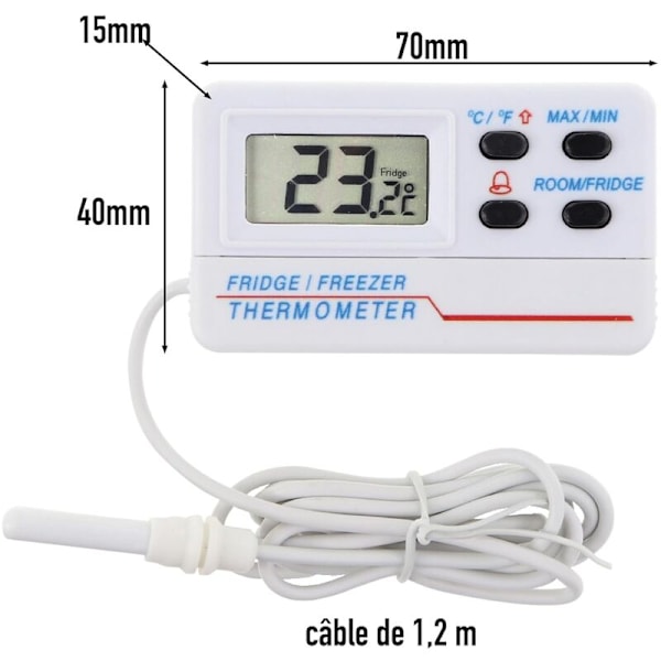 Digital kyl- eller frysskåpstermometer - med alarm - Max min-funktion - 1,2 m kabel