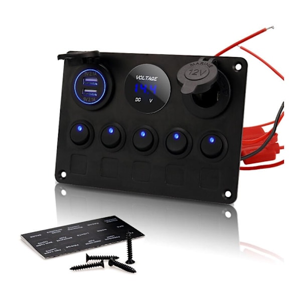 5-vägs Rockerströmbrytare Panel Toggle Switch Panel Elpanel Båt Bil Vattentät Dubbel USB DC 12V/24V LED Lastbil Trailer Marin Fordon SUV Husbil