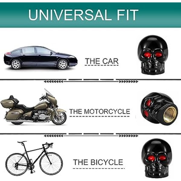 Musta, 4 kpl kallonmuotoisia moottoripyörän rengasventtiilin korkkeja autoon, auton sisustustarvike,