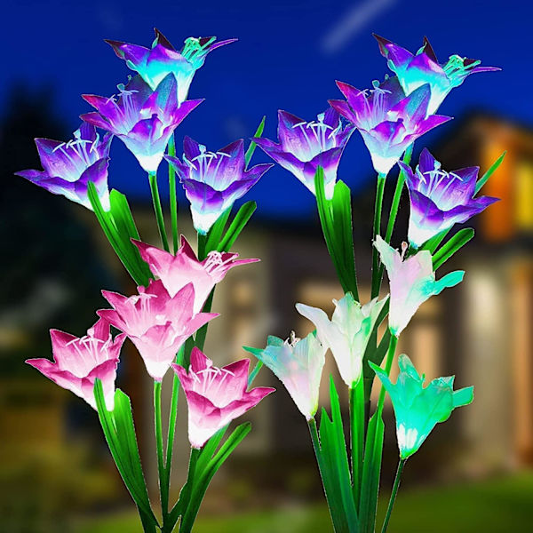 2 stk. Solcellelamper Udendørs, Lily Solcelle Have Lamper LED Solcellelamper Farveskift Større Blomster og Solpaneler Have Dekoration til Terrasse, Stier,