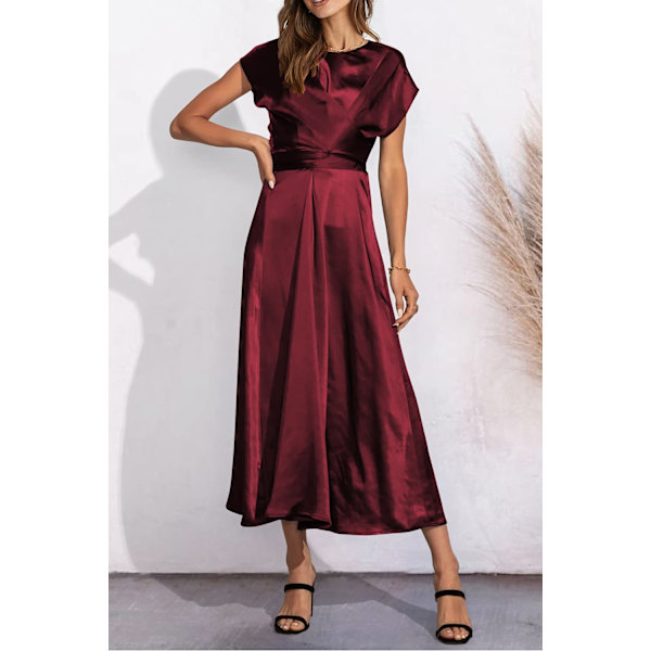 Kvinder 2023 Sommer Satin Midi Kjole Cap Ærmer Binde Talje Elegant A Linje Flydende Kjole