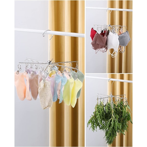 Foldbar vindtett kleshenger Spar plass Henger med 360° roterende krok for sokker, bh-er, undertøy, babyklær, håndklær, skjerf, etc. (med 24 klips).