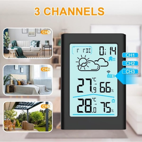 Svart trådlös väderstation, hygrometertermometer, barometer för utomhus- och inomhusbruk med LED-belysning, digital klocka med alarm och snooze