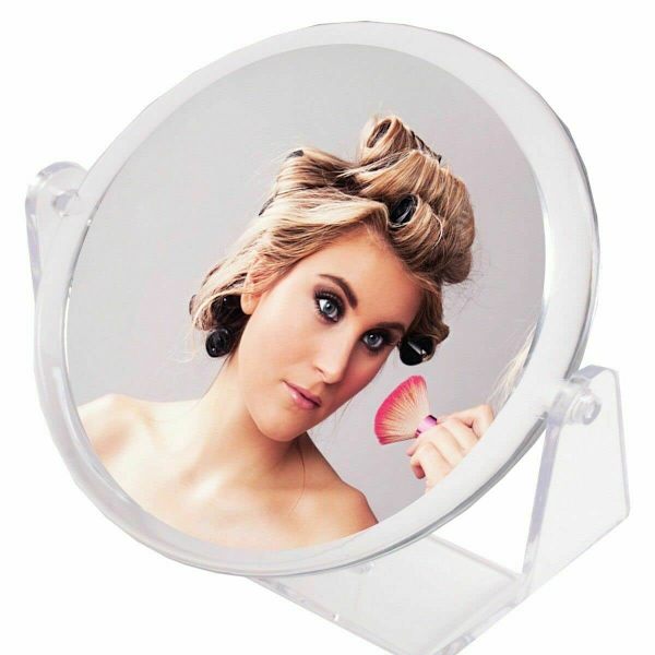 Reversibel lite toalettbordsspeil for reise, sminke, bryn, barbering - 15 cm med 360° gjennomsiktig svingstativ.