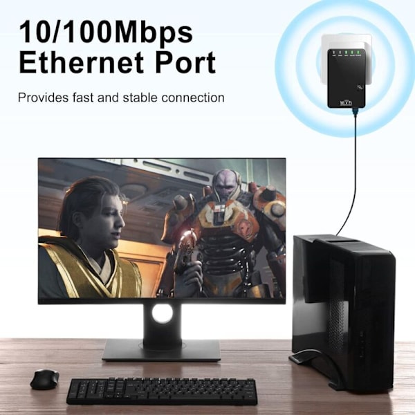 WiFi Repeater Kraftig Trådløs Forstærker, WiFi Extender Booster 300Mbps 2.4Ghz, 2 Ethernet Port, WPS, Nem at Installere, Kompatibel med Alle Routere, A