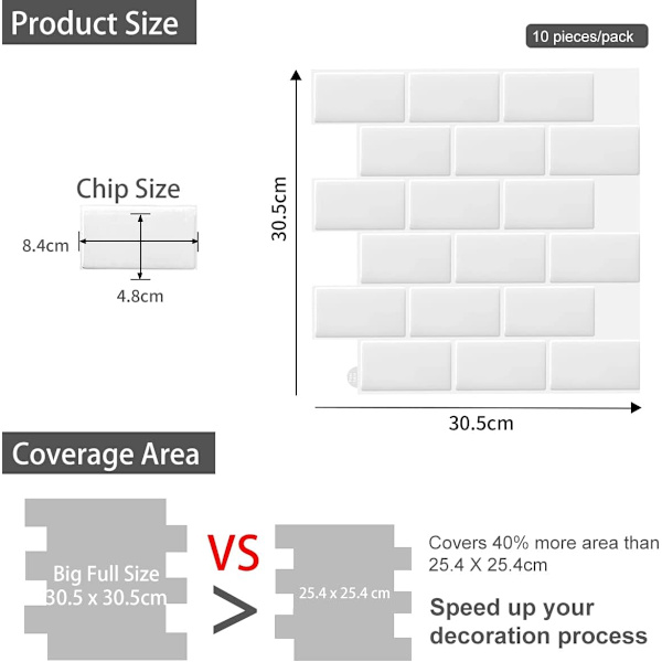 2 st (30,5x 30,5cm) Vita självhäftande 3d väggplattor klistermärken kök badrum