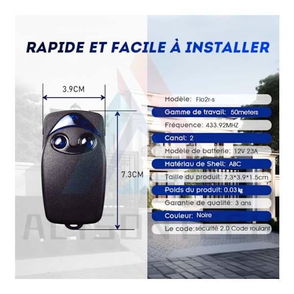 2 x Flo2r-s elektrisk garageportsfjärrkontroll 433,92 MHz med 2 knappar, kompatibel med Nice Remote garageportsfjärrkontroll