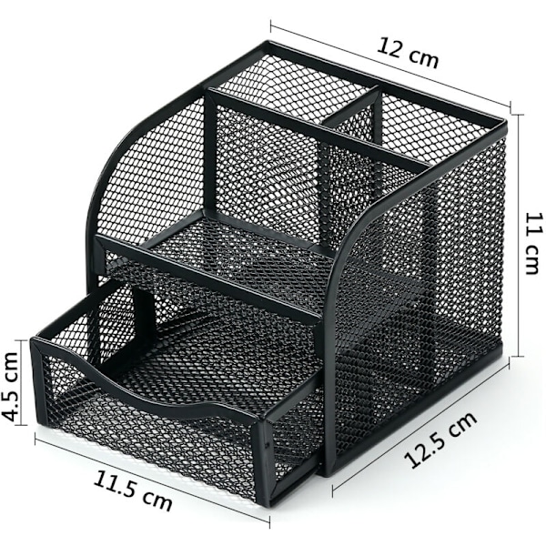 Kontoroppbevaring, skrivebordsorganisator i metall, skrivebordspennbeholder med 4 sorteringsrom, paceless pennholder med skyveskuff for skrivesaker, hou