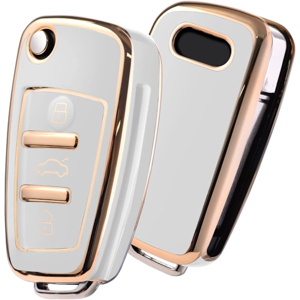 Audi Bilnøgleholder (Guld Kant Hvid), Bilnøgleholder Kompatibel med Audi A1 RS3/R8/Q7/TT/A6L/TTS/SQ Fjernbetjening Beskyttende Etui TPU Silikone.