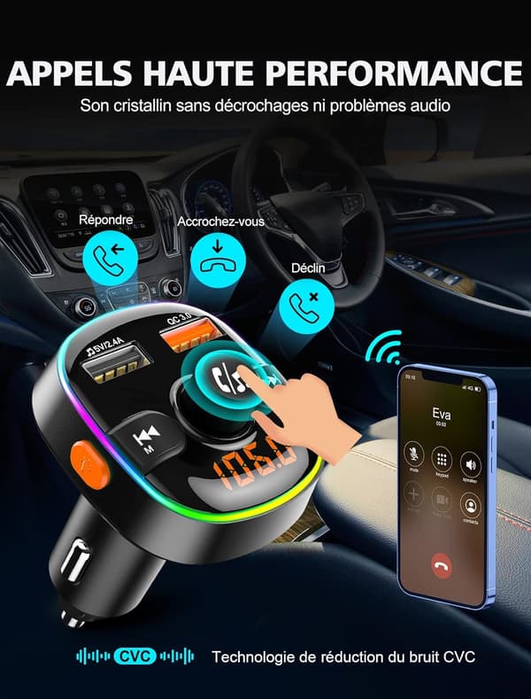 Bluetooth Bil, Quick Charge QC3.0 Bluetooth 5.0 FM Transmitter med 7 Farver LED Baggrundsbelysning 2 USB-porte, Bil Bluetooth Adapter Håndfri Opkald Suppor