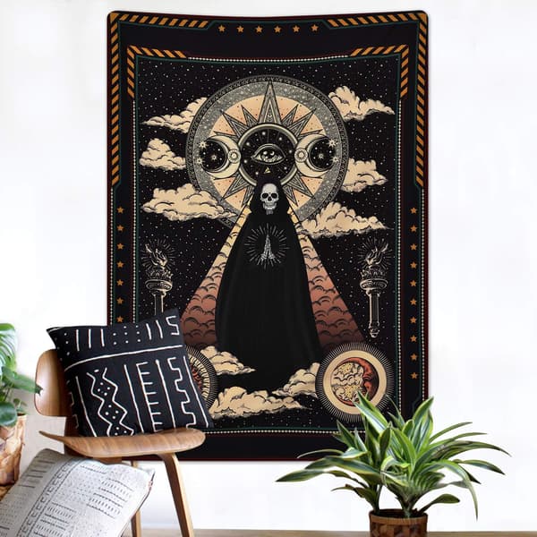 Magiker-kranietæppe Sol Iris Tæppe Sol og Måne Tæppe Stjerner og Skyer Tæppe Tarot Tæppe til Soveværelse, 150x100