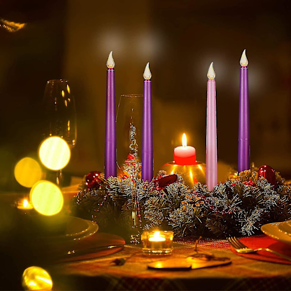 4 kpl LED-liekittömiä adventtikynttilöitä, violetti ja vaaleanpunainen, jouluun ja adventtirituaaleihin