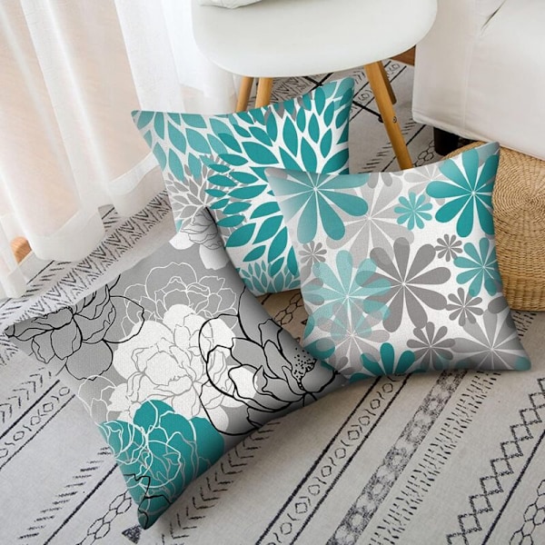 4 sinisen tyynynpäällisen setti Sarcelle 18 x 18 turkoosi ja harmaa sohvalle, Moderni Marguerite -tyynyliina olohuoneeseen, sängyn tyyny, ulkokoriste