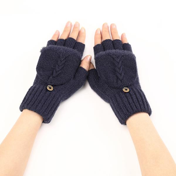 Flip korte uldne fingerless handsker til kvinder, varme og moderigtige strikkede halvfinger ærmer (marineblå)