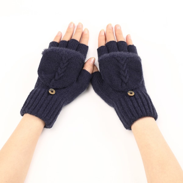 Flip korte ullfingerløse hansker for kvinner, varme og fasjonable strikkede halvfingerermer (marineblå)