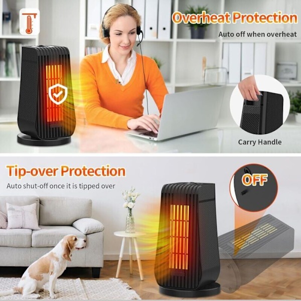 1200W Kannettava Puhallinlämmitin 3s Nopea Lämmitys PTC Mini Lämmittimet 3 Lämmitystilaa Säädettävä Tuuletin Ylikuumenemissuoja Sähkölämmittimet (Musta)