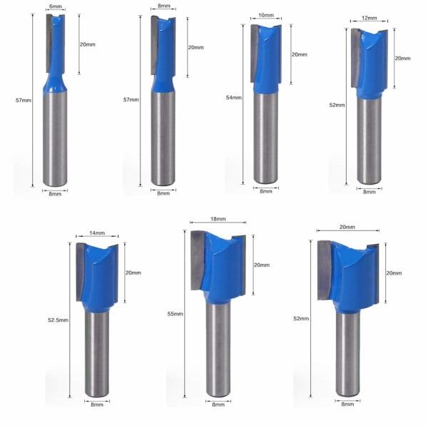 7 st 8 mm, 6 mm 8 mm 10 mm 12 mm 14 mm 18 mm 20 mm diameter skaft rak fräs trä router bit rak skärning planfräsning mönster router för träbearbetning