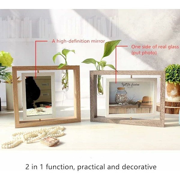 Dobbeltsidig roterende fotoramme i tre, 20,4 x 27 cm, kreativ fotoramme med plantevase, for familie, skrivebord, fotostudio (trefarge, 6 '')