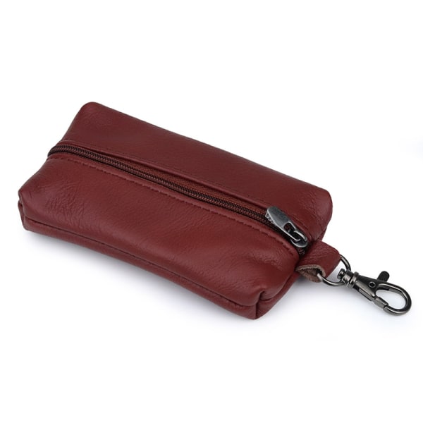 Ægte læder nøgletaske pung taske nøglering holder med nøglering og lynlås (rødbrun)