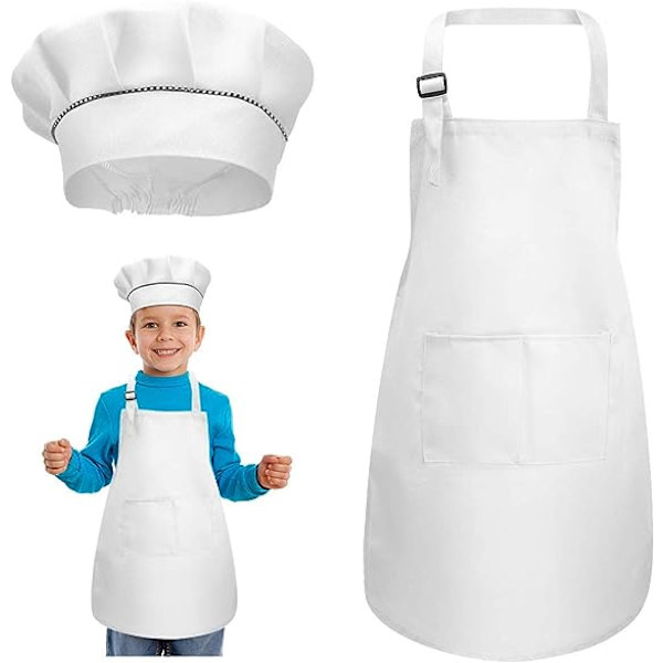 Hvit - Forkle + kokkehattesett, justerbart barneforkle med lommer for matlaging, baking og maling, for barn fra 4 til 12 år