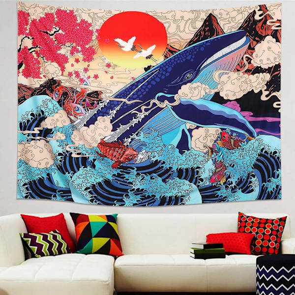 Ukiyo-e-veggteppe med havbølger, koi, hval, solnedgang - Stor dyre-veggdekorasjon for soverom og stue