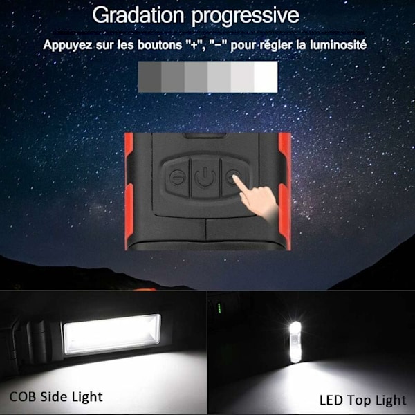 Uppladdningsbar USB arbetslampa, COB ficklampa, LED inspektionslampa med magnetisk bas för campinglampa för garage, campingplats, nödsituation (1 st)