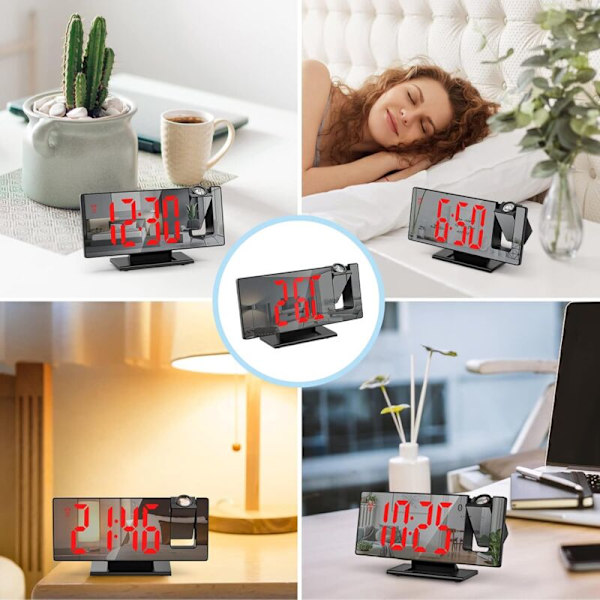 (Svart Fodral med Röd Text) Projektor Väckarklocka, 180° Projektionsväckarklocka, Digital Klocka med LED-Spegelskärm, USB-Port, Snooze, 4 Ljusstyrkor