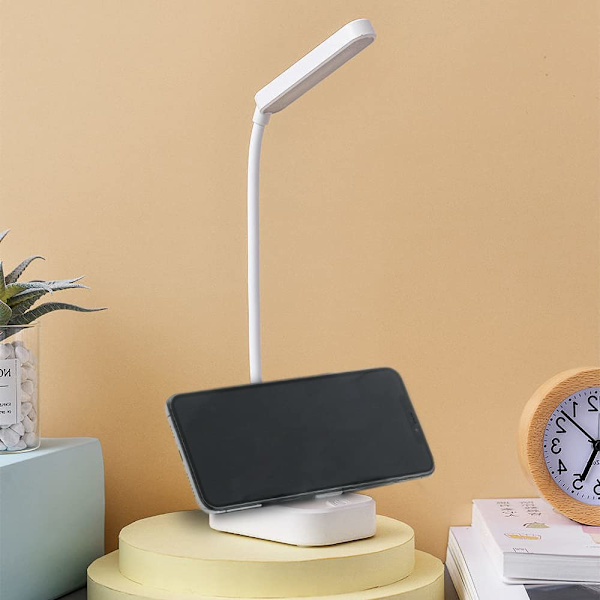 Hvid skrivebordslampe med USB-strømkabel, tre-trins lysstyrkejustering, 360° roterende svanehals