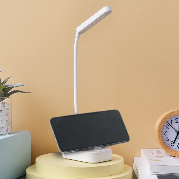 Hvit skrivebordslampe med USB-strømledning, lysstyrkejustering i tre nivåer