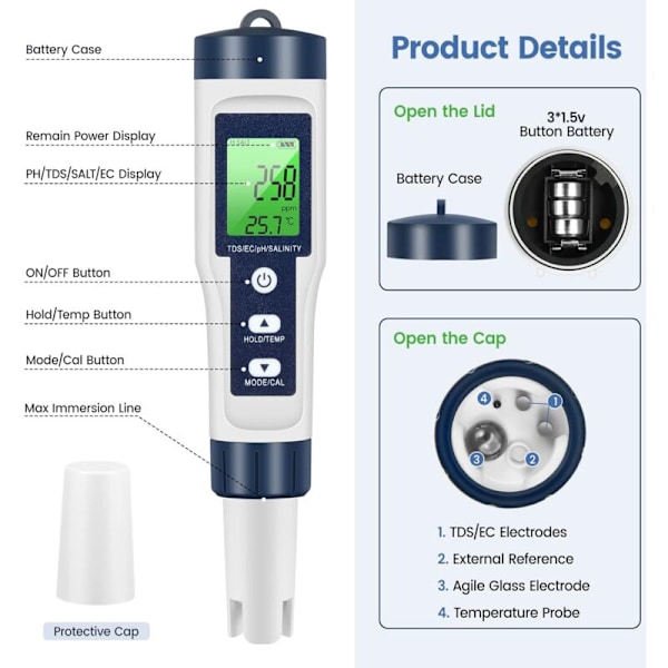 PH tds-mätare, vattenkvalitetstestare 5 i 1 pH/tds/EC/salt/temperatur tds-mätare lcd grön bakgrundsbelysning för pool/akvarium/damm