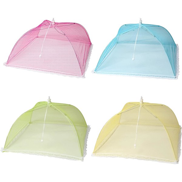 4-pack 17\" stora och robusta popup-matskyddstält i mesh (blå, rosa, lila, gul), återanvändbara, hopfällbara matskydd för utomhusbruk, matskydd