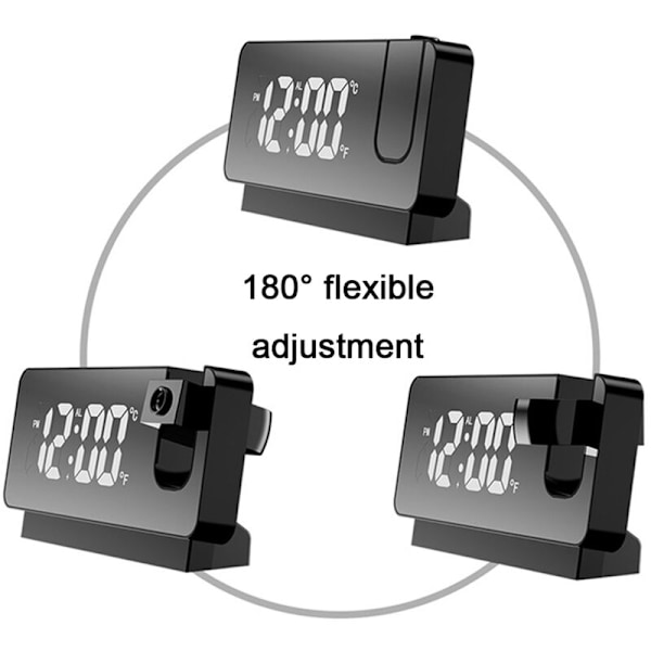 Rumsprojektion för sovrum, digital radio-väckarklocka och USB-laddningsportar, 180° roterande projektor, dubbellarm, snooze, ljus LED-display digi