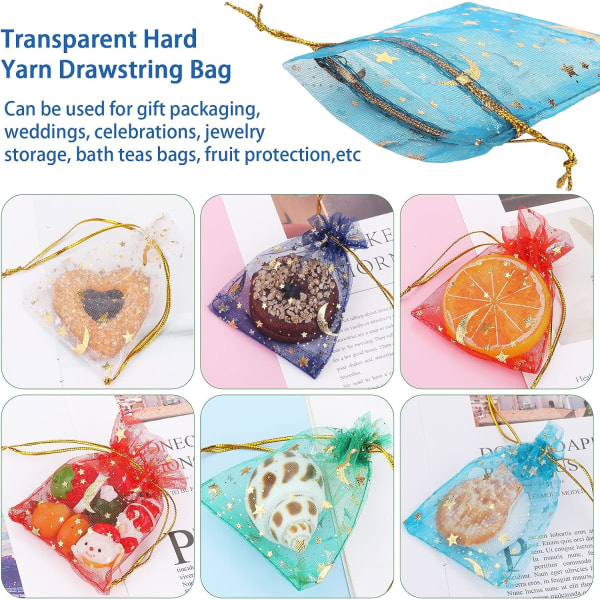 100 stk. organza gaveposer (blandet farver), 7x9cm måne stjerne organza poser, mesh gaveposer, smykke gaveposer med snøretræk, jule slikpose