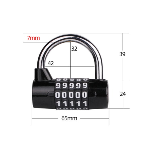Sort 5-cifret kombinationshængelås, nulstillelig til skole, værktøjskasse, skab osv.